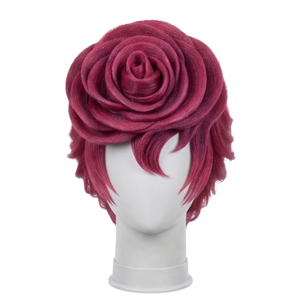 Trish Una cosplay wig from JoJo’s Bizarre Adventure featuring burgundy-pink hair, a large sculpted rose-shaped crown, curved bangs, and layered side strands