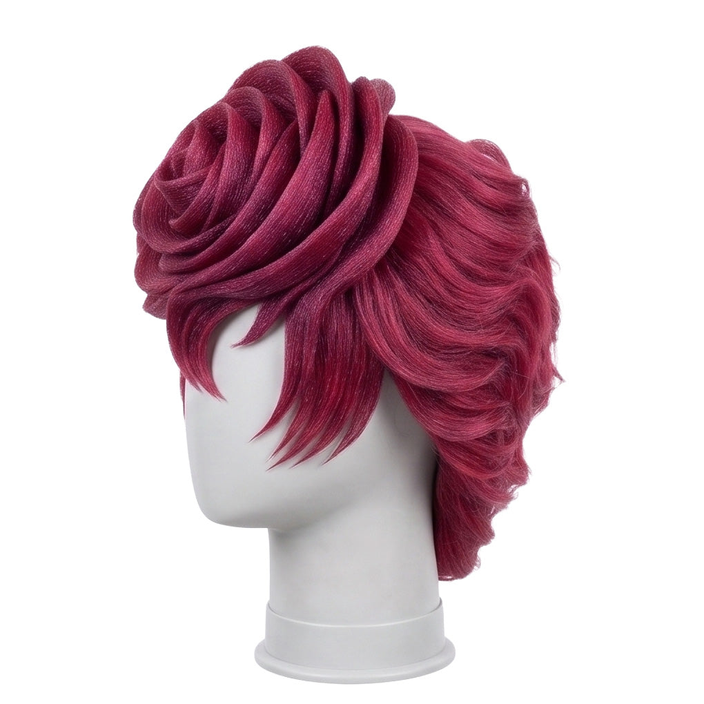 Left side view of Trish Una wig showing burgundy-pink layered hair, the dimensional rose-shaped crown, tapered side strands, and styled JoJo cosplay details