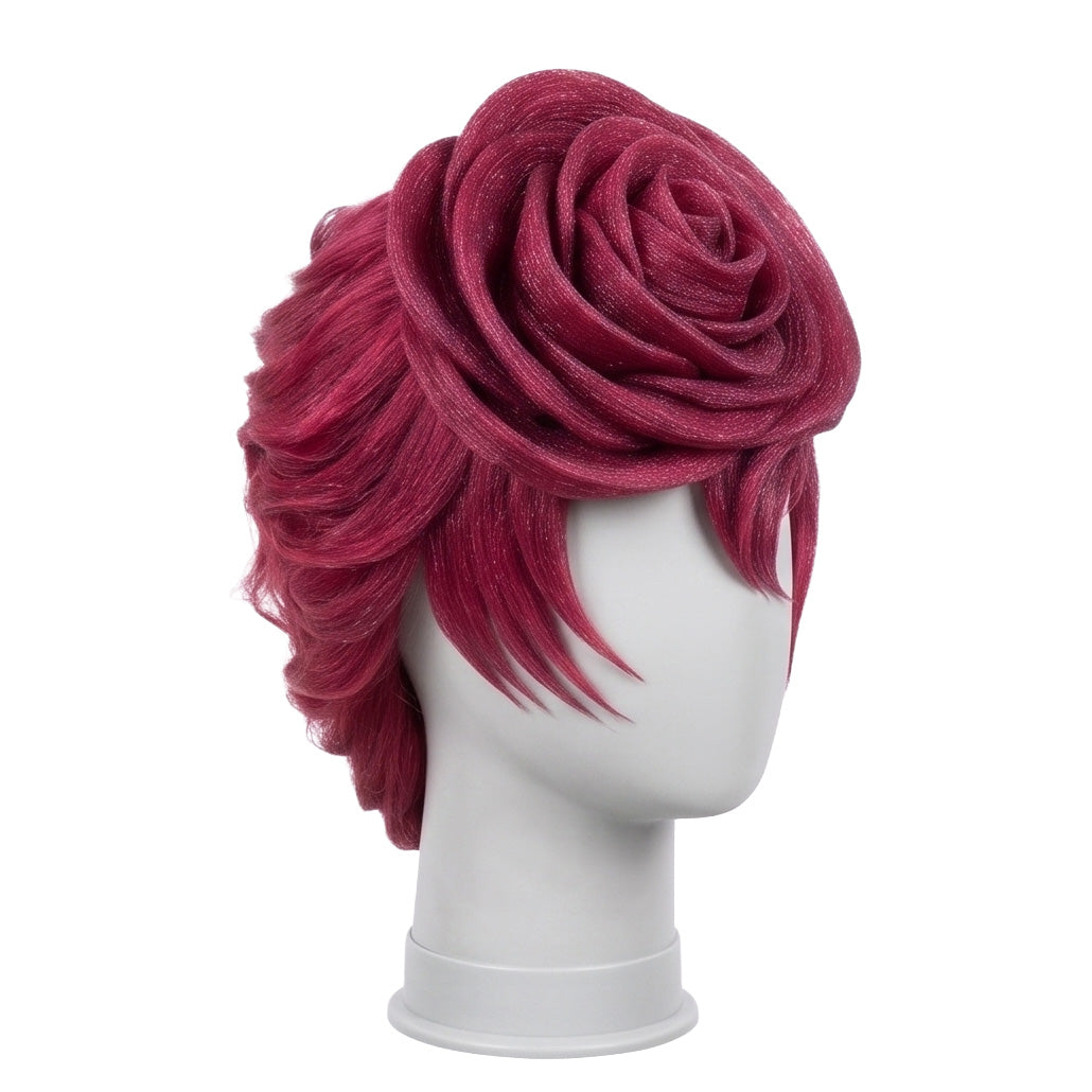 3/4 view of Trish Una cosplay wig displaying the oversized spiral rose hairstyle, burgundy-pink hair, curved face-framing bangs, and layered sides