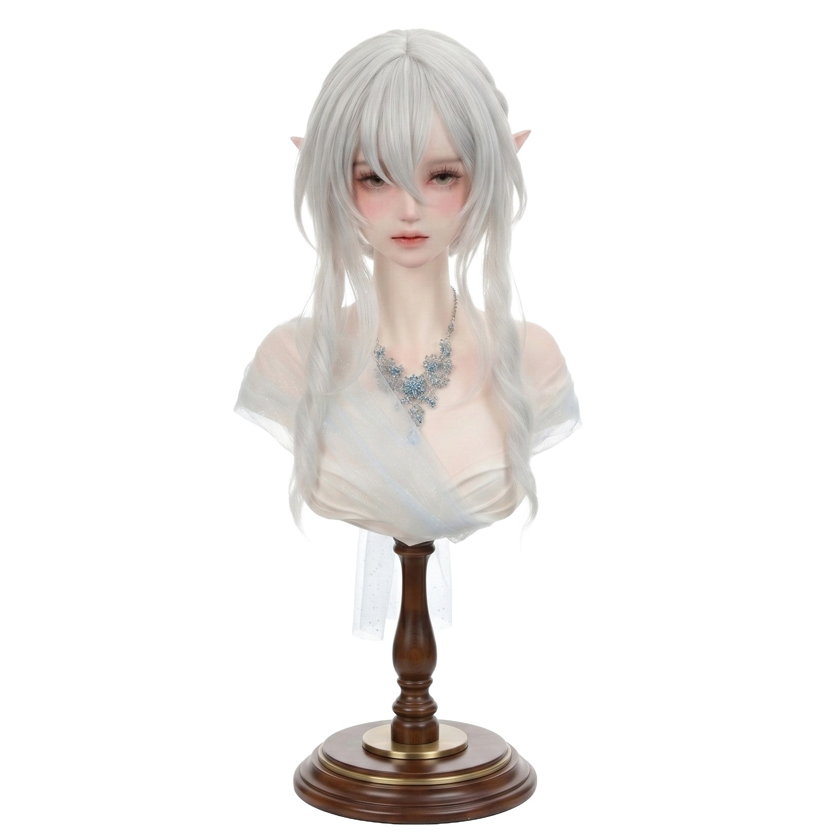 Front view of Tsaritsa cosplay wig with long silver-white hair and braid