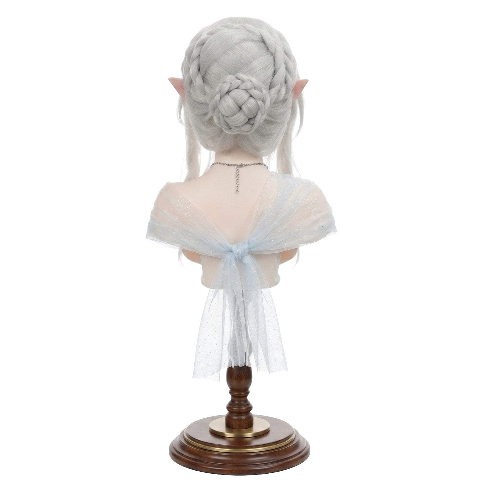 Back view of Cryo Archon wig with flowing silver hair and braid detail