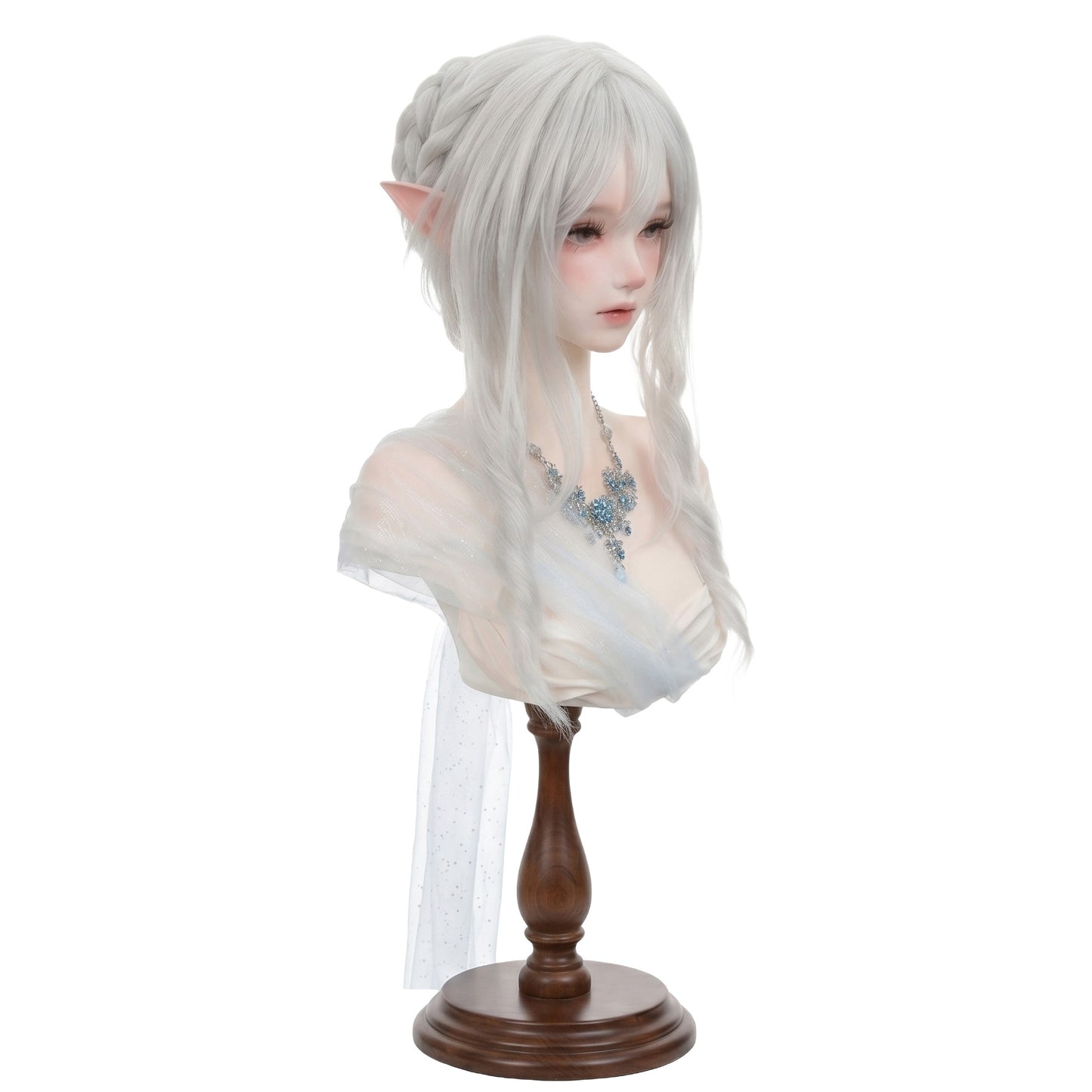 Elegant braided styling on Tsaritsa cosplay wig displayed on mannequin