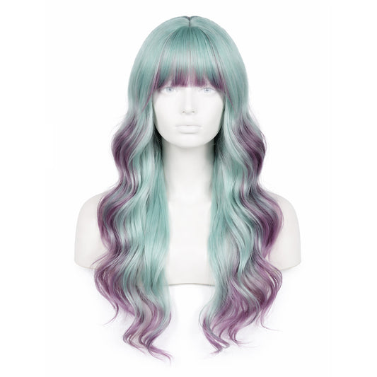 Front view of Twyla cosplay wig showing layered purple and teal colors