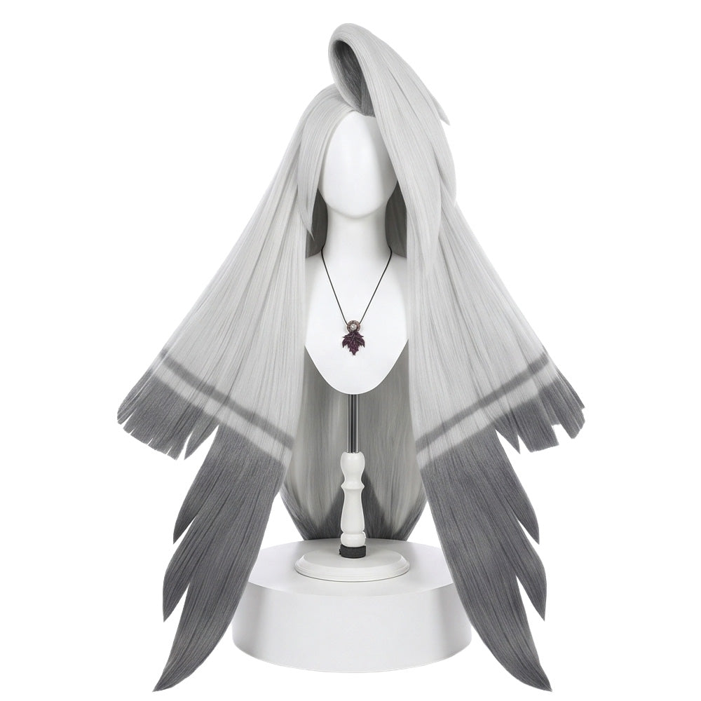 Front view of Vaggie cosplay wig with light gray moth-wing hair shape
