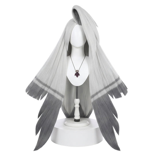 Front view of Vaggie cosplay wig with light gray moth-wing hair shape