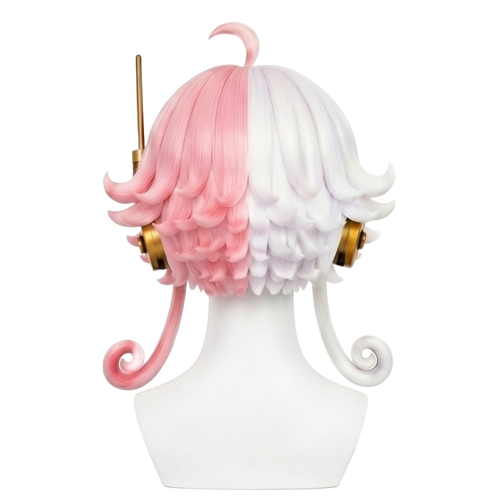 Back view of One Piece Vegapunk Atlas cosplay wig with short voluminous curls