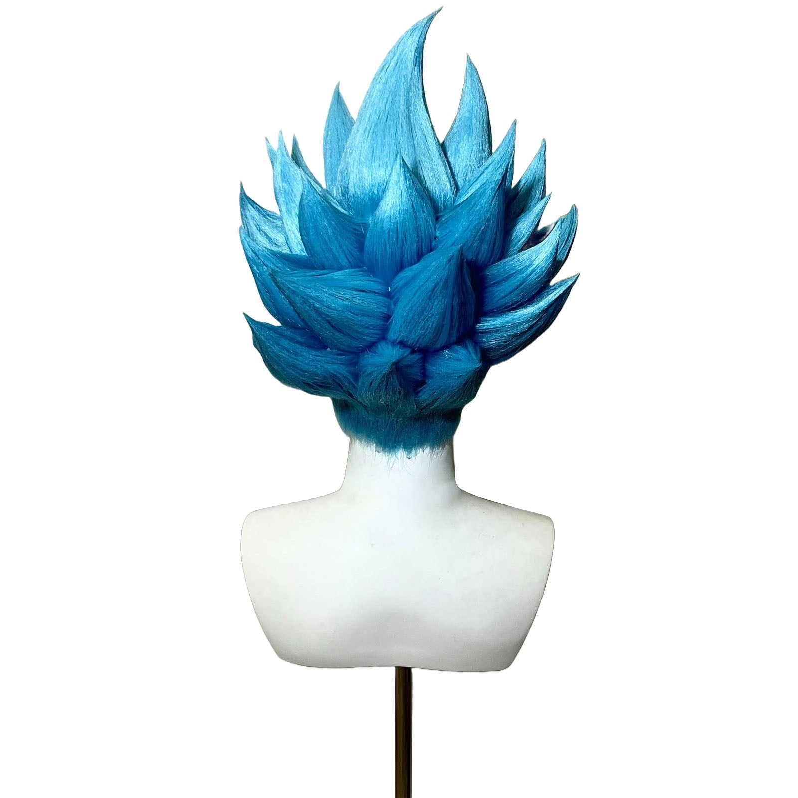 Back view of Vegeta Super Saiyan Blue cosplay wig – full spiky volume and royal blue color