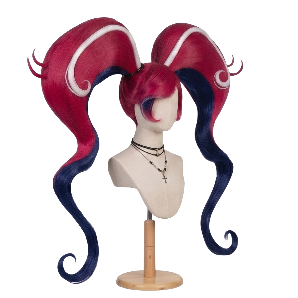 Right side view of Velvette wig from Hazbin Hotel featuring red pigtails, faded dark navy-blue inner hair, white swirl accents, and detailed character-inspired styling