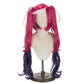 Velvette cosplay wig from Hazbin Hotel with long desire-red curly pigtails, bangs, and white swirl streaks