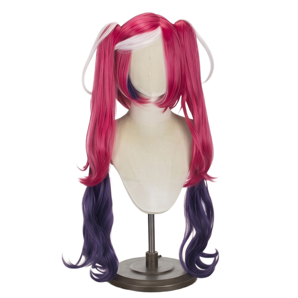 Velvette cosplay wig from Hazbin Hotel with long desire-red curly pigtails, bangs, and white swirl streaks