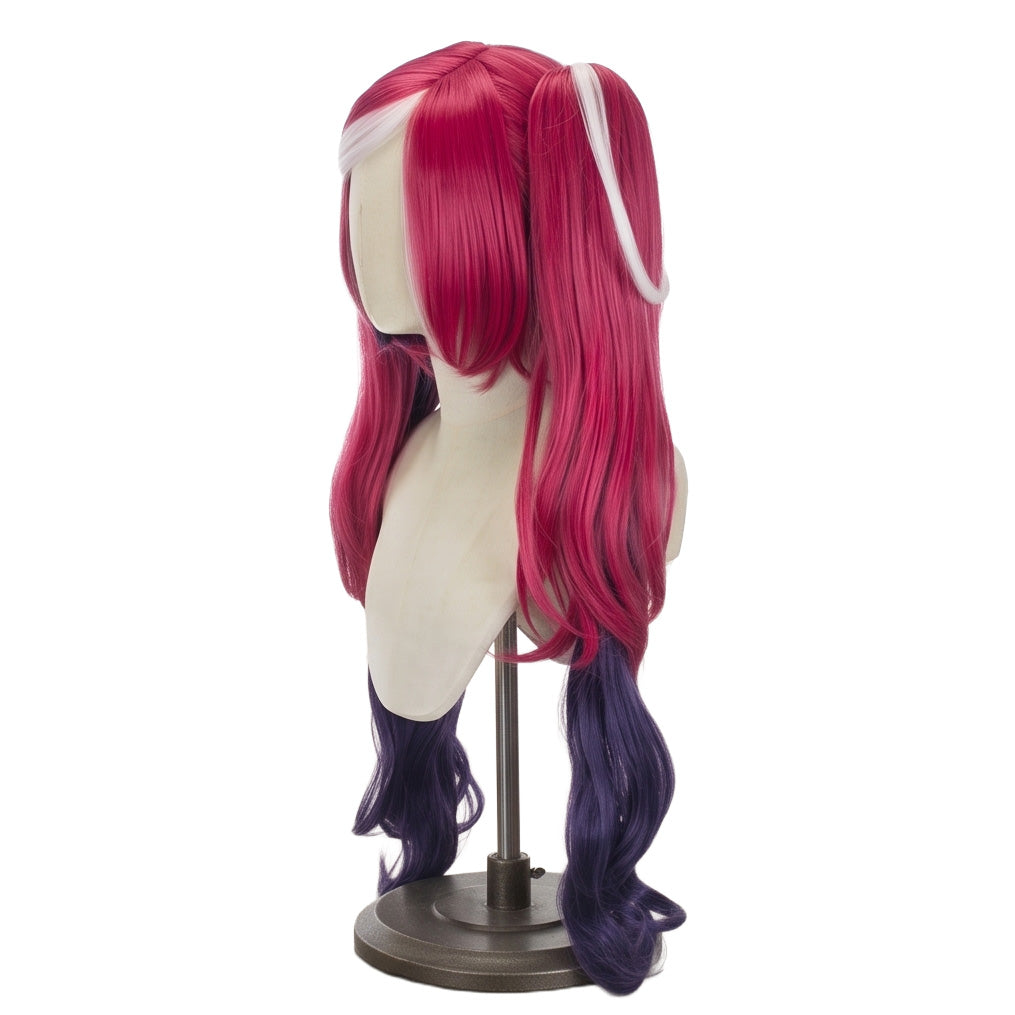 Left side view of Velvette Hazbin Hotel cosplay wig with long red curly pigtail and faded dark navy-blue inner hair