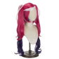 Three-quarter view of Velvette cosplay wig showing long curly desire-red pigtails, bangs, navy-blue inner sections, and white swirl accents