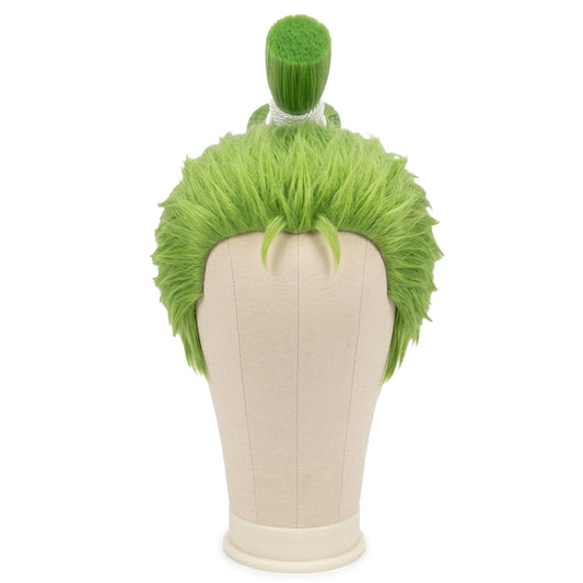 Front view of Zoro cosplay wig from Wano Country showing spiky layered green hair