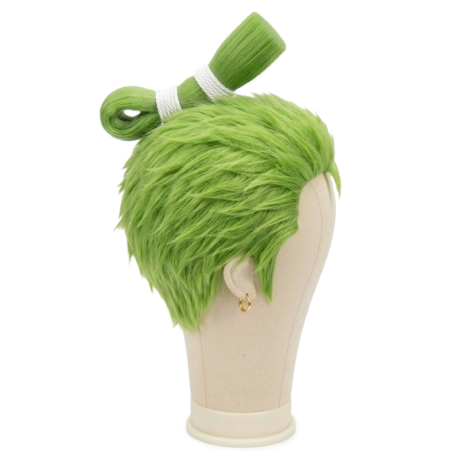 Zoro cosplay green wig with twin buns on a mannequin head against a white background