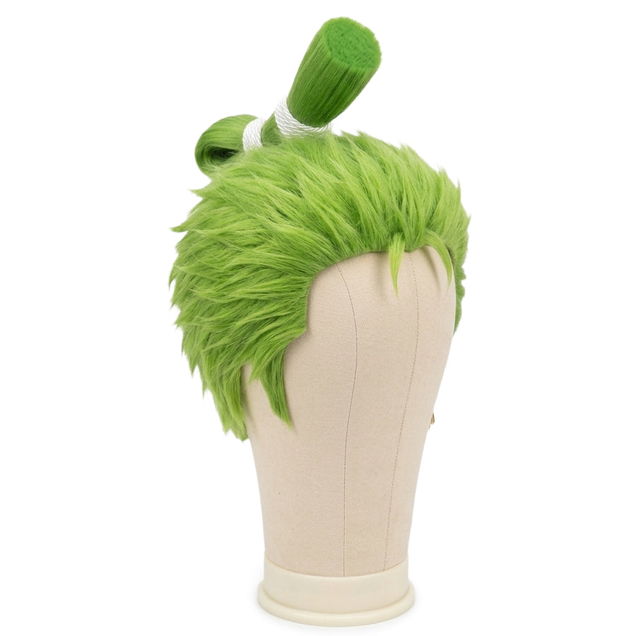 Styled look of Zoro cosplay green wig on a mannequin head against a white background, wig fibers demonstrating high-quality, heat-resistant texture