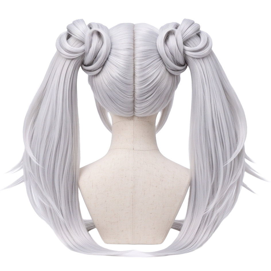 Back view of long White Queen cosplay wig with unstyled fibers
