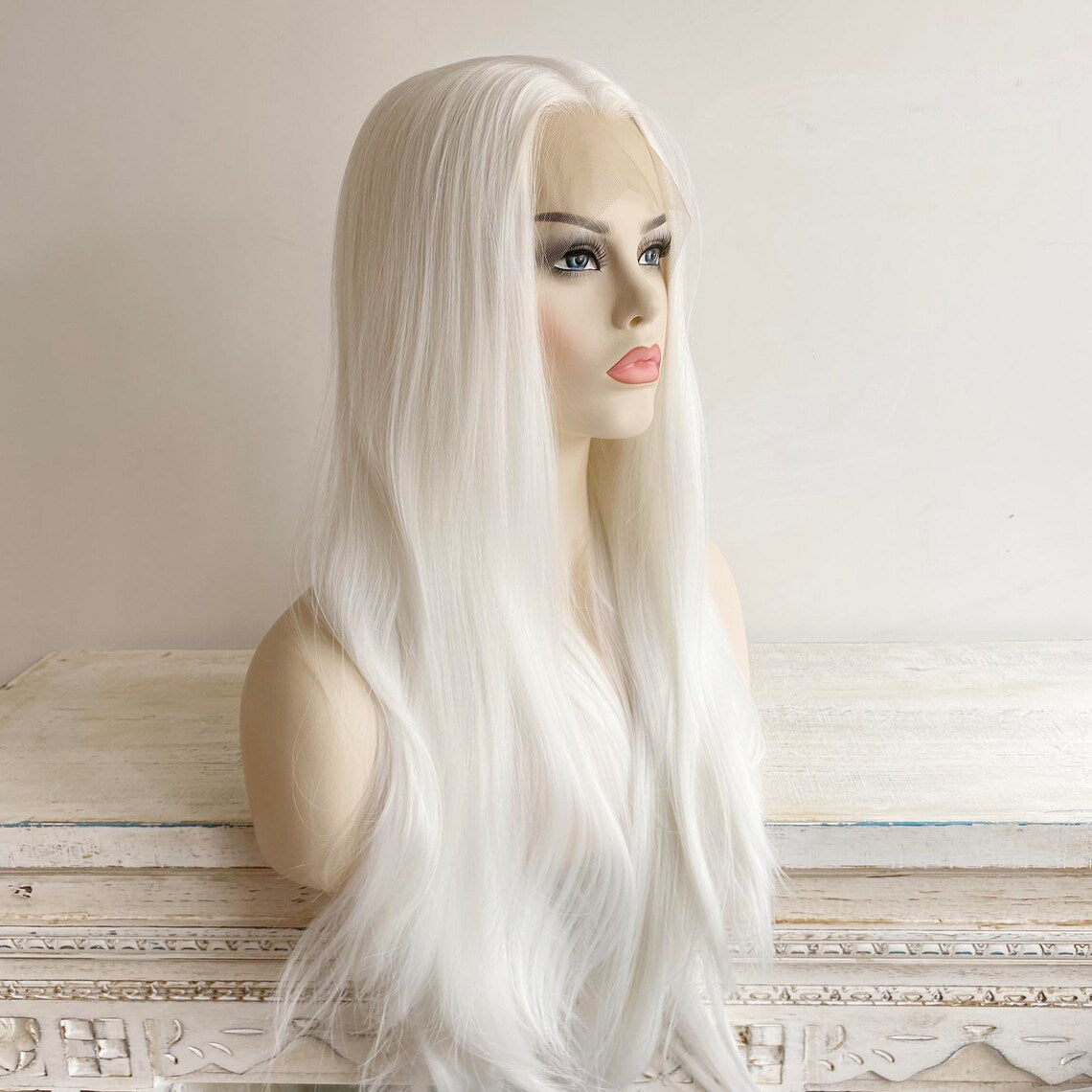 Women White Lace Front Long Straight Widows Peak Hairline Slicked Hair Realistic Wig 22 Inches