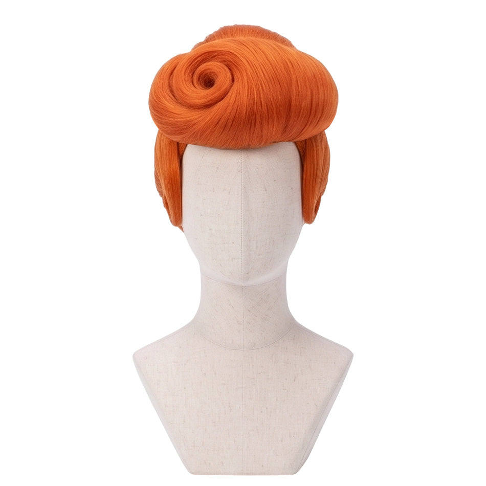 Front view of Wilma Flintstone wig with red orange swirly hair curls