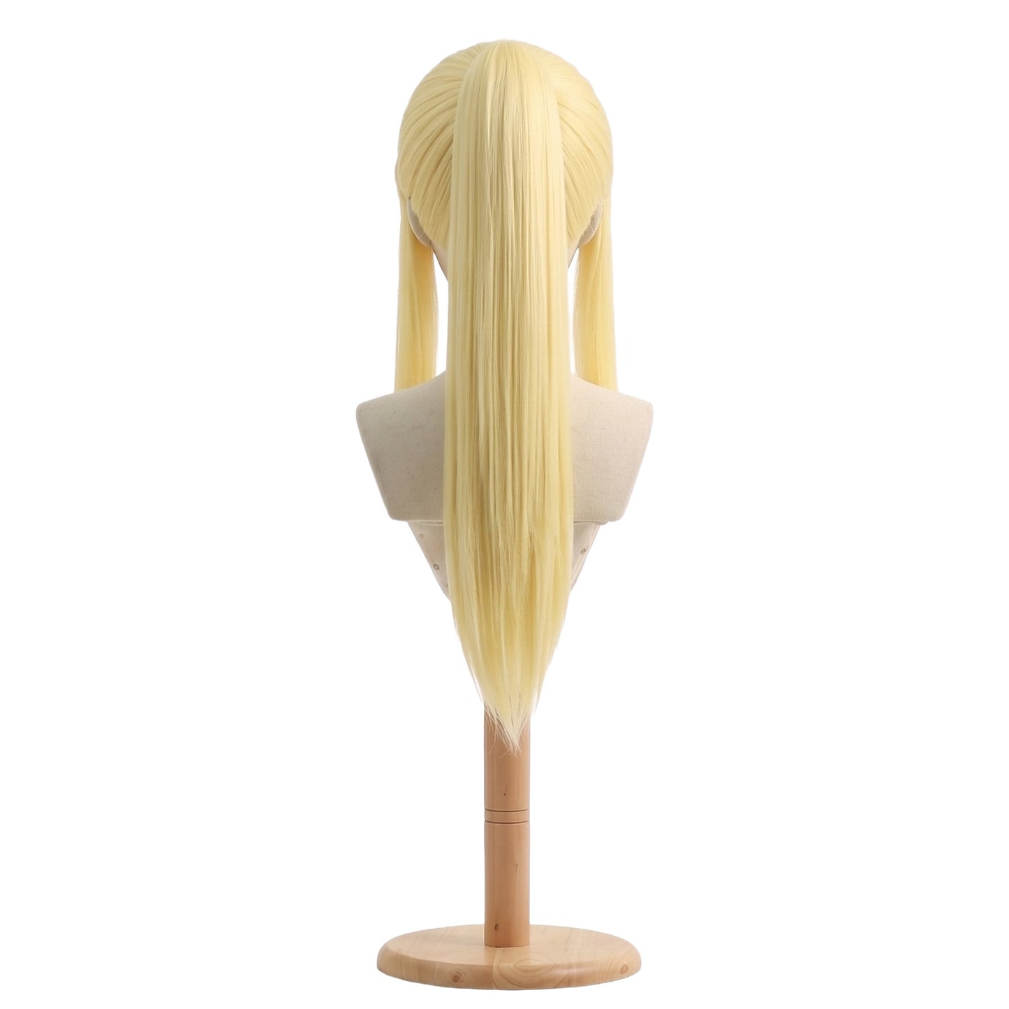 Back view of Winry Rockbell cosplay wig with extra-long blonde fibers for ponytail styling