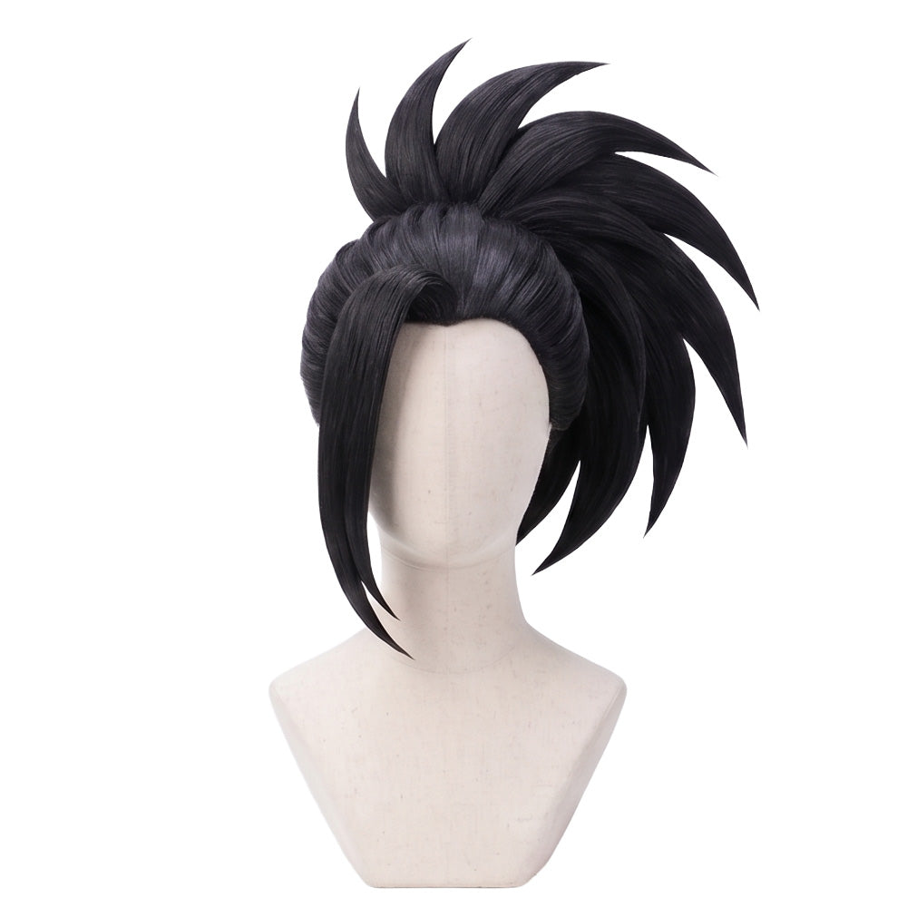 Front view of Momo Yaoyorozu cosplay wig with long black ponytail hair