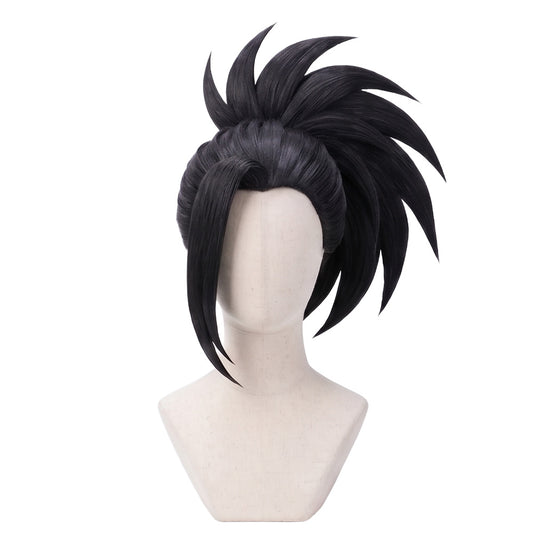 Front view of Momo Yaoyorozu cosplay wig with long black ponytail hair