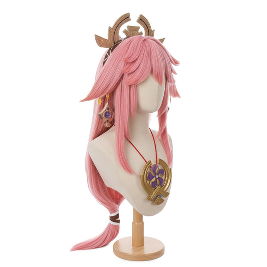 Yae Miko cosplay wig displayed on mannequin for accuracy showcase