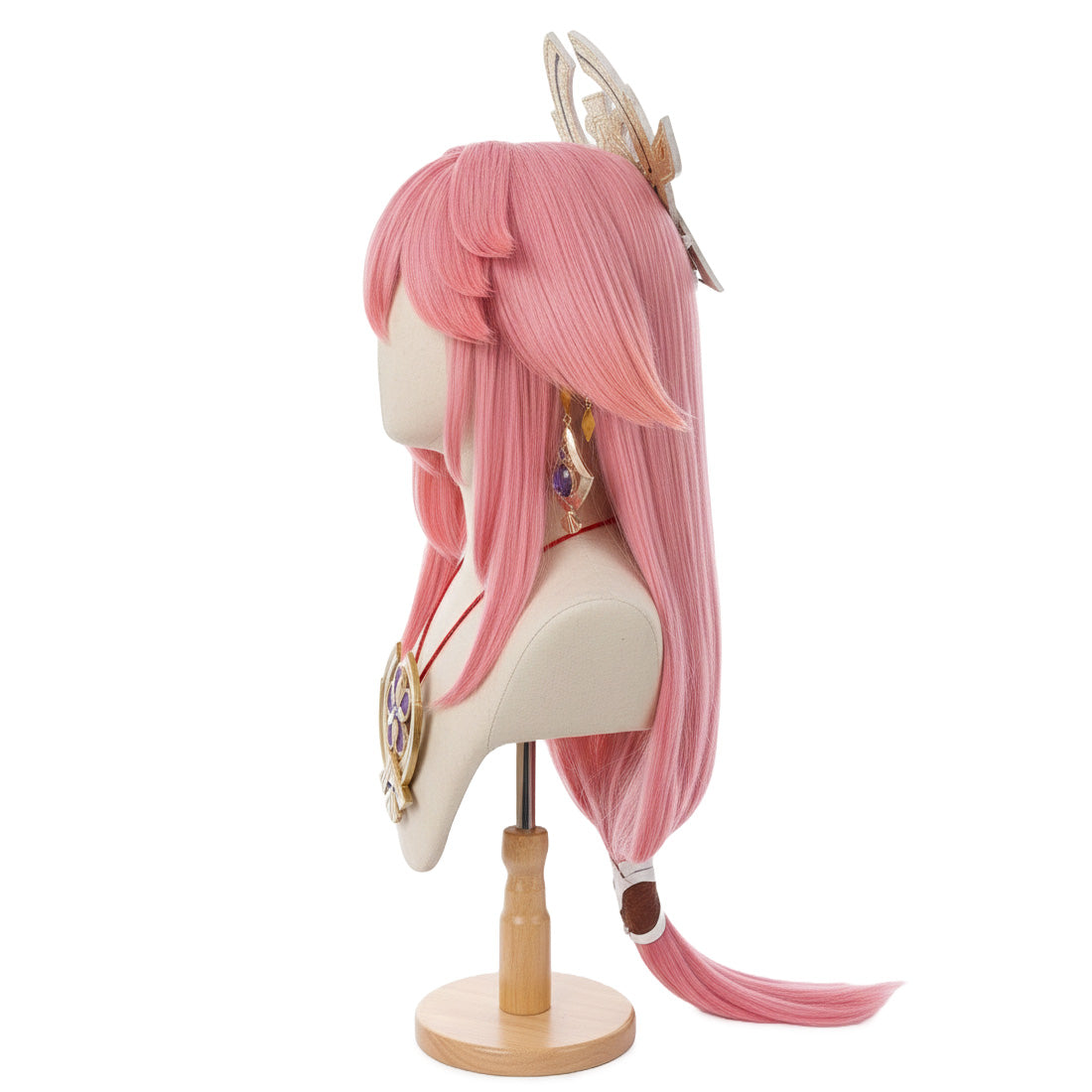 Side view of Yae Miko wig showing layered length and flow