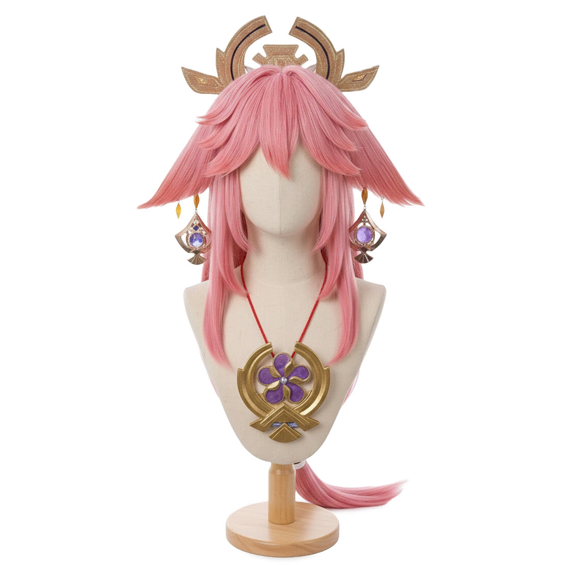 Front view of Yae Miko cosplay wig in sakura pink color