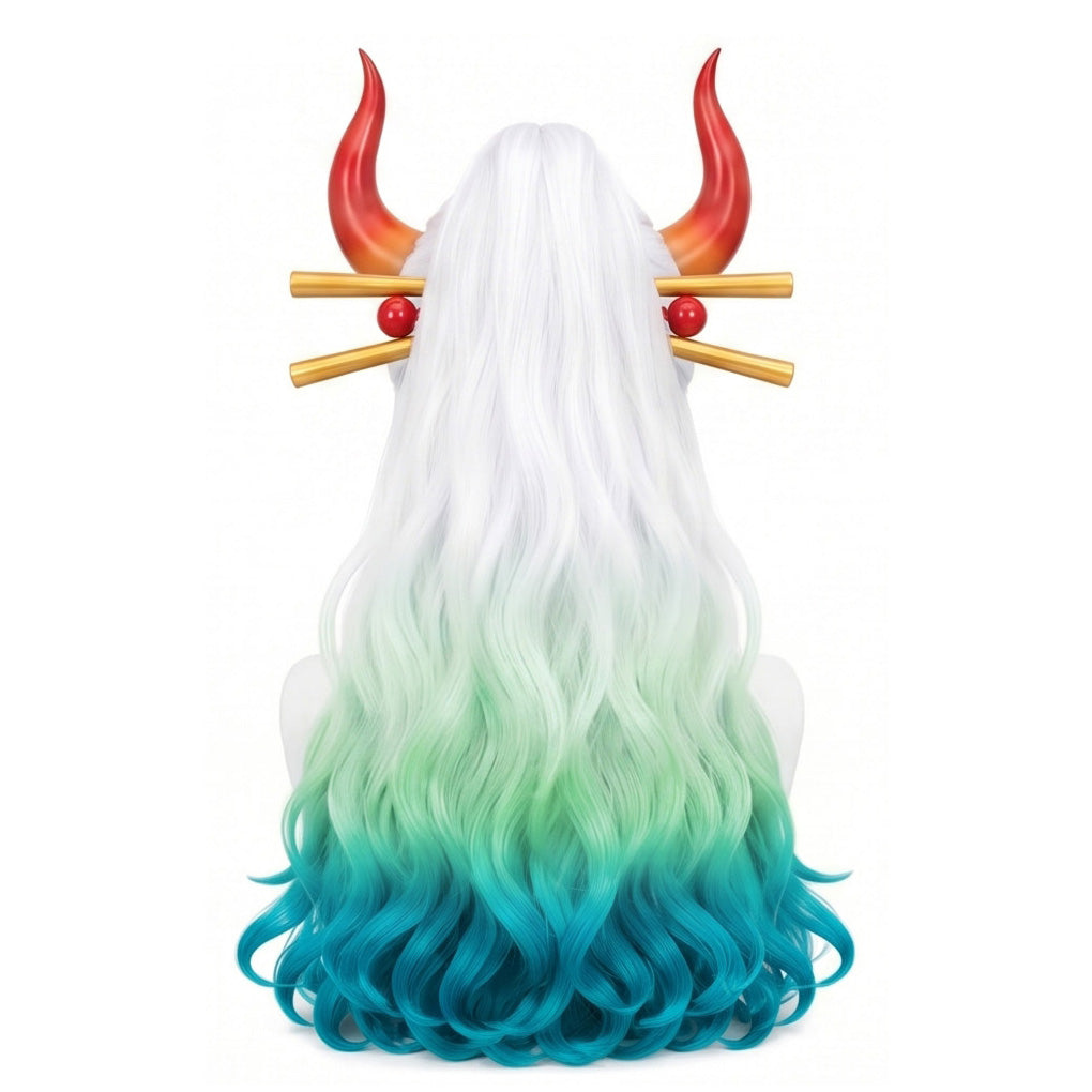 Back view of One Piece Yamato cosplay wig featuring the white, aqua green, and blue ombré ponytail
