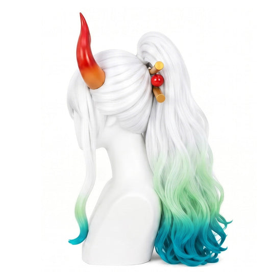 Side view of Yamato wig showing the high ponytail secured with orange hair rods