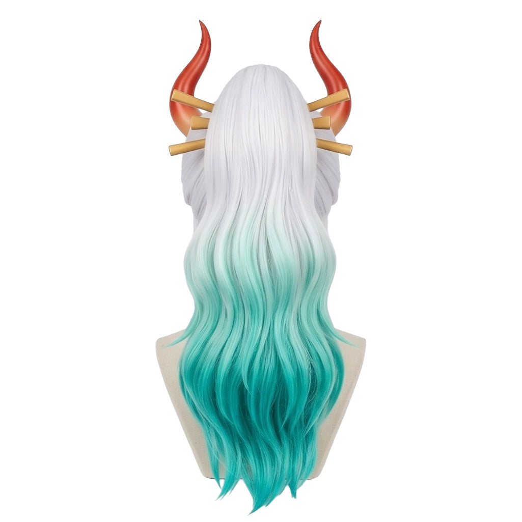 Back view of One Piece Yamato cosplay wig with long unstyled fibers