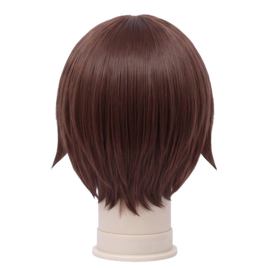 Back view of short brown Yasuna Oribe cosplay wig with unstyled fibers