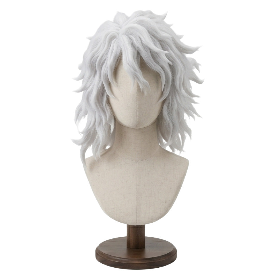 Front view of Yoichi Shigaraki cosplay wig with messy white shoulder-length hair