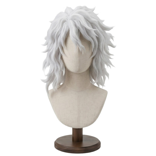 Front view of Yoichi Shigaraki cosplay wig with messy white shoulder-length hair