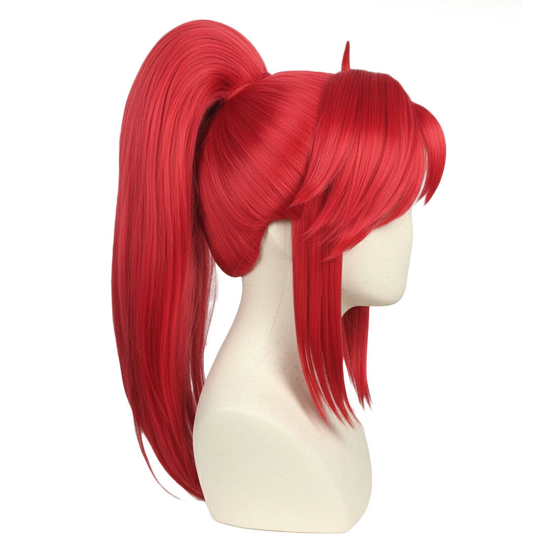 Yoko Littner cosplay wig site view with layered bangs and vibrant red fibers