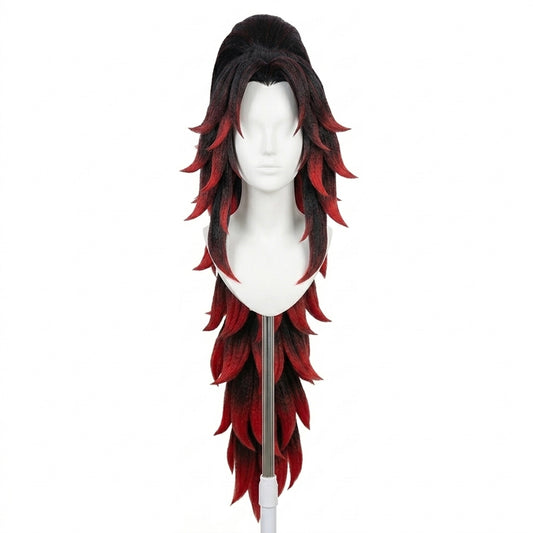 Yoriichi Tsugikuni cosplay wig with long black red flowing hair styled for Demon Slayer accuracy