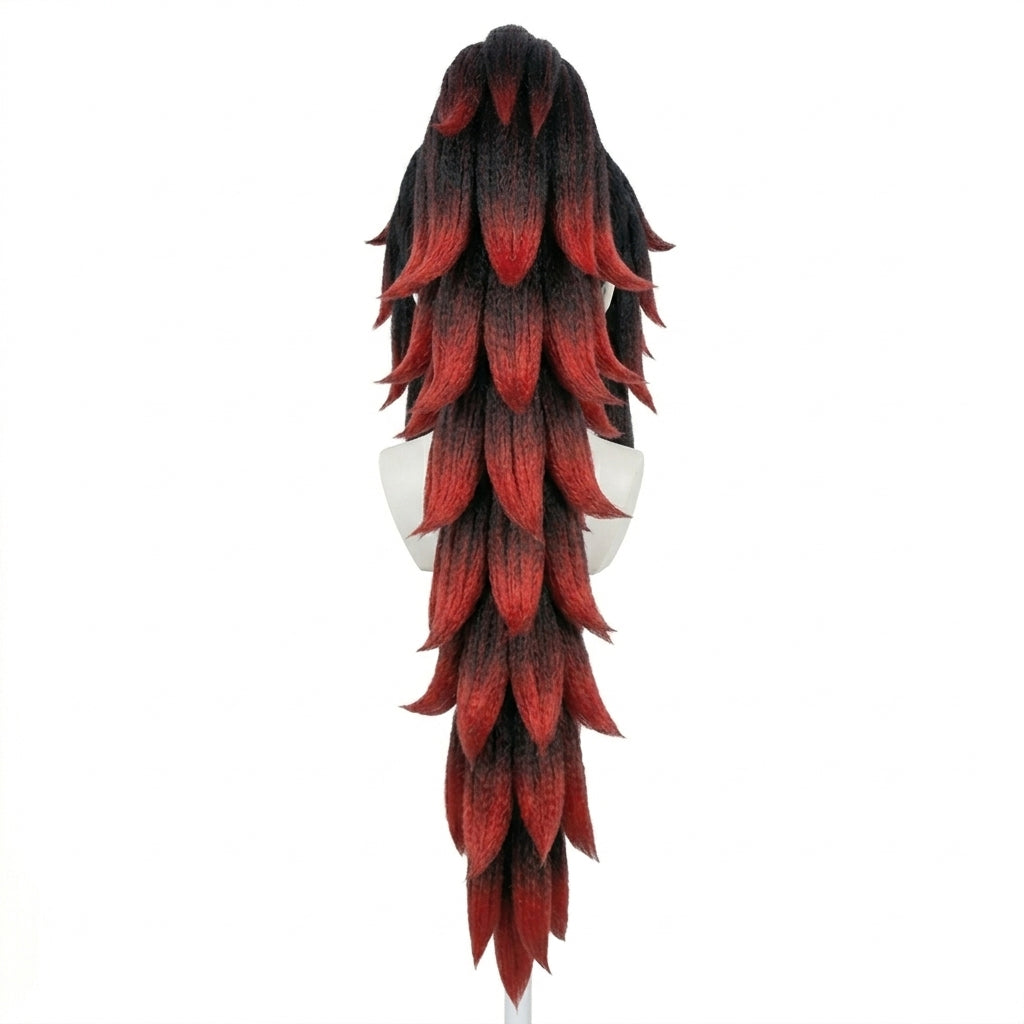 Back view of Yoriichi Tsugikuni Kokushibo long black red cosplay wig showing smooth fibers and full lengt