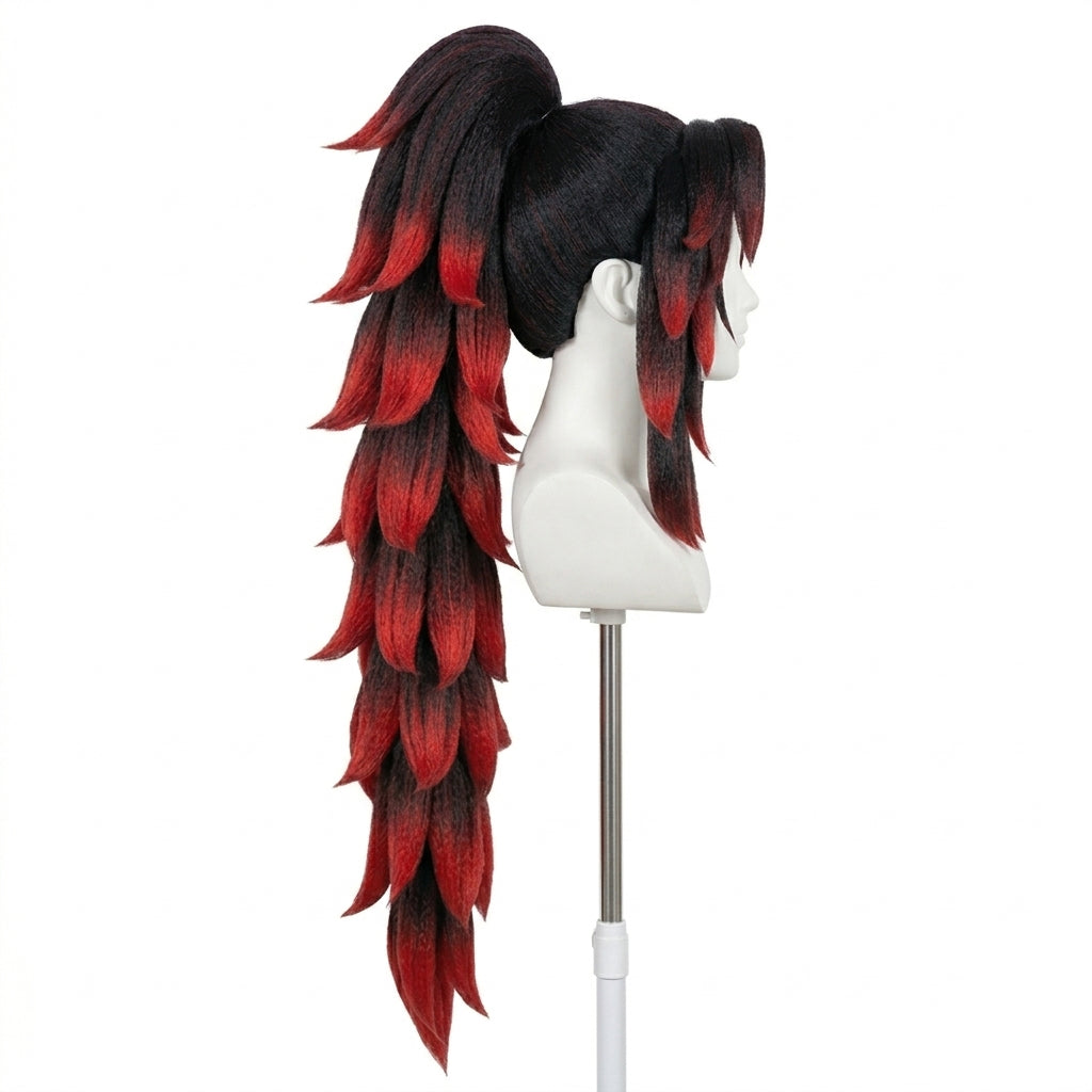 Side view of Yoriichi or Kokushibo cosplay wig for Demon Slayer, black and red wig on a mannequin head with a white background