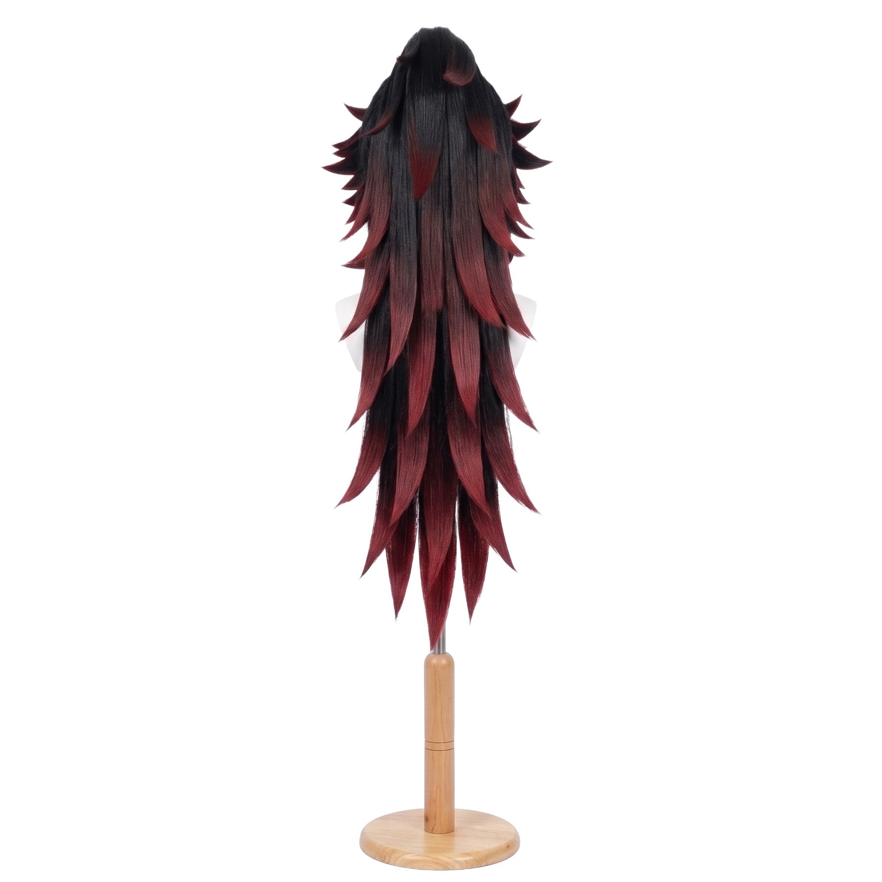 Back view of Yoriichi Tsugikuni Kokushibo long black red cosplay wig showing smooth fibers and full lengt