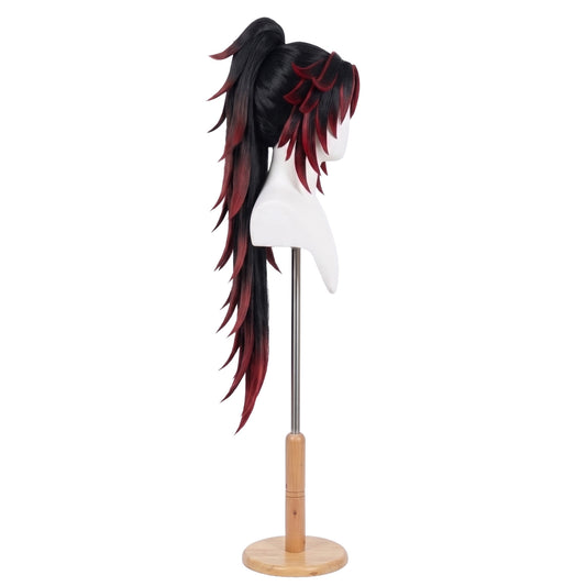 Side view of Yoriichi Kokushibo wig highlighting layered structure and natural movement, black and red wig on a mannequin head with a white background