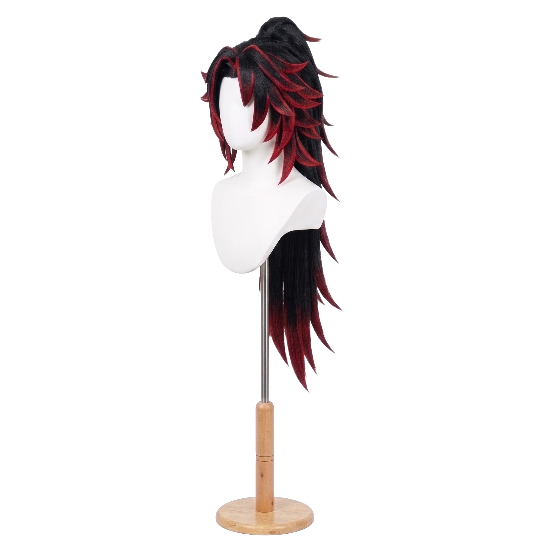 Kokushibo cosplay wig styled version showing long sleek black red hair and dramatic silhouette, black and red wig on a mannequin head against a white background