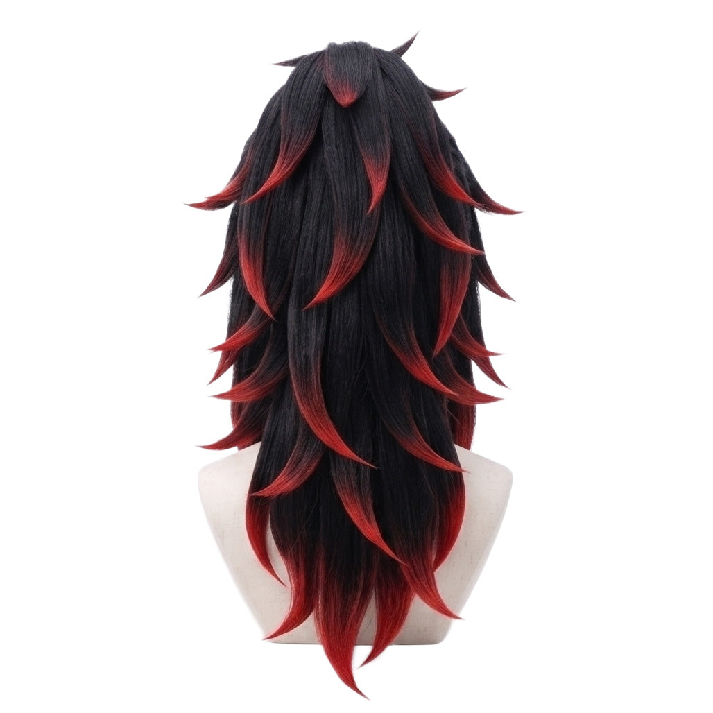 Back view of long black Yoriichi Kokushibo cosplay wig with unstyled fibers