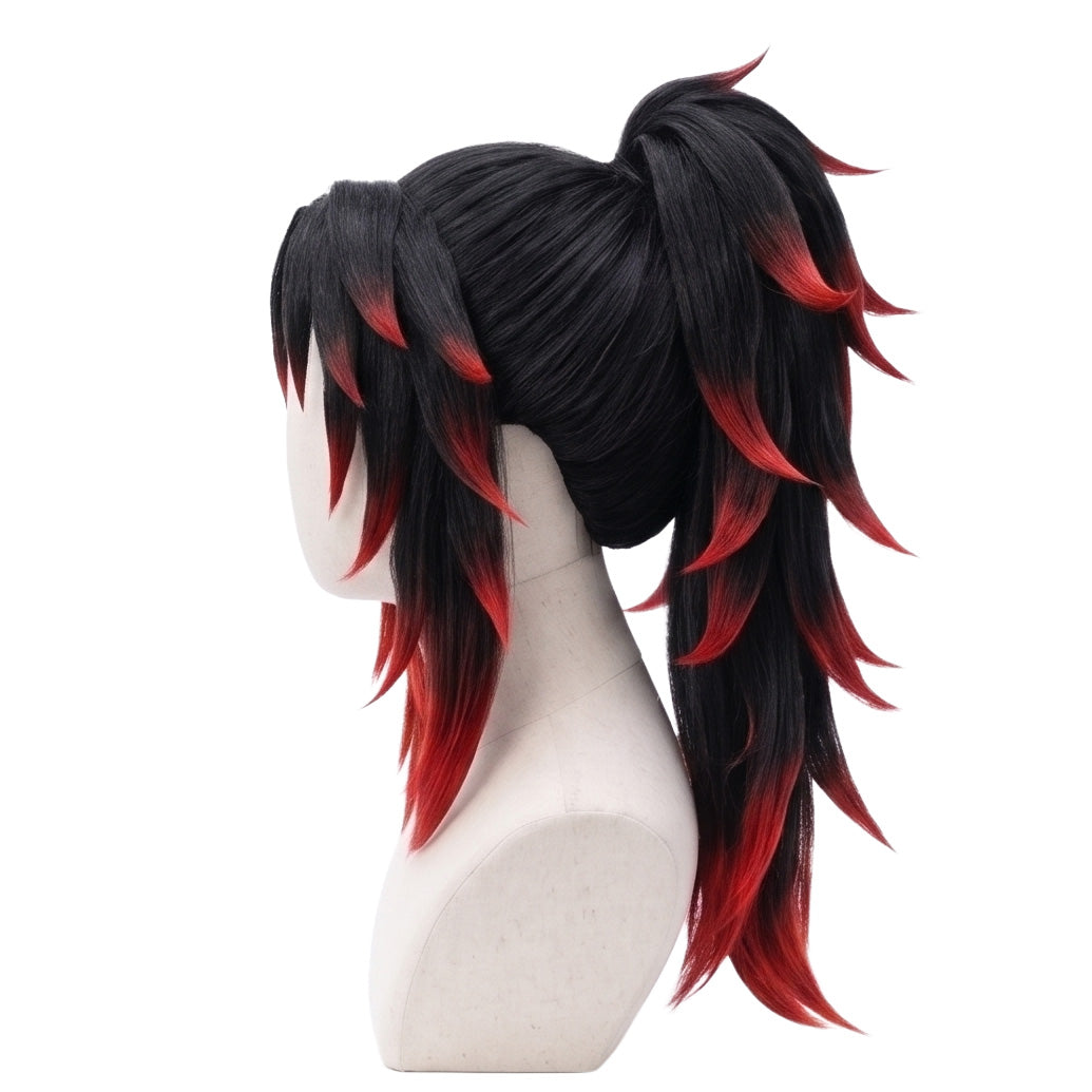 Side view of Kimetsu no Yaiba Yoriichi Kokushibo black basic cosplay wig