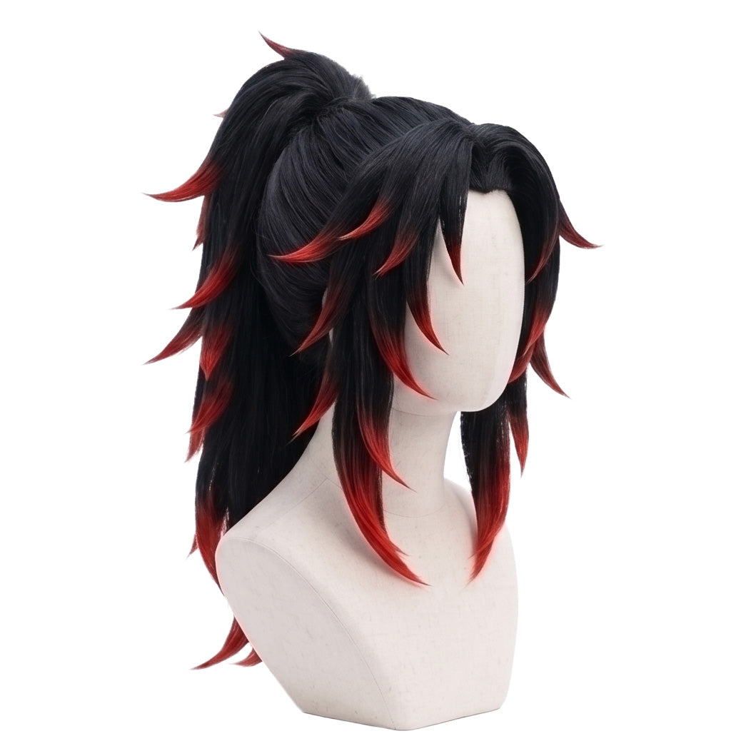 Black and red anime cosplay wig inspired by Yoriichi Tsugikuni and Kokushibo from Demon Slayer