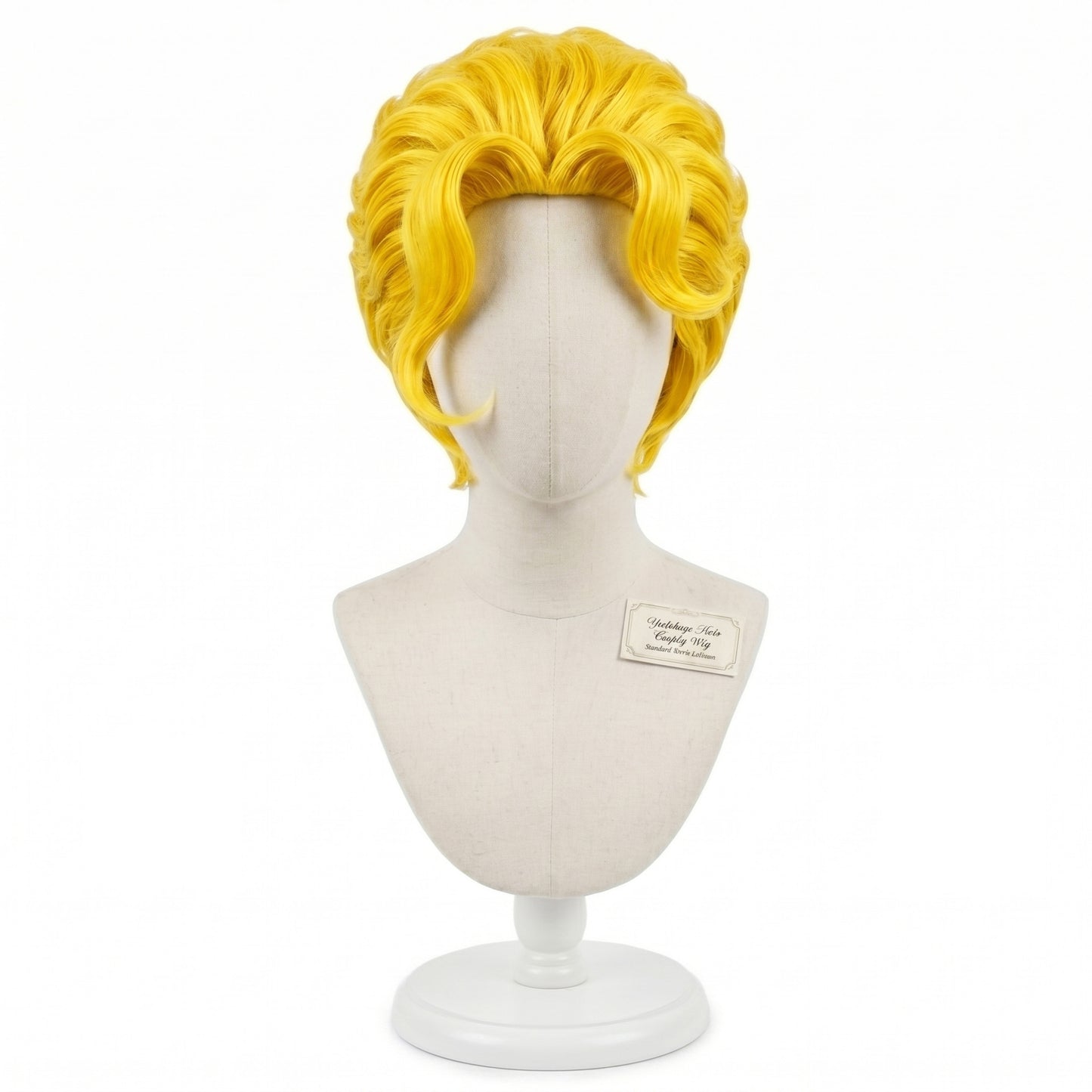 Front view of Yoshikage Kira cosplay wig showing layered medium blonde hair