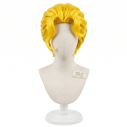 Front view of Yoshikage Kira cosplay wig showing layered medium blonde hair