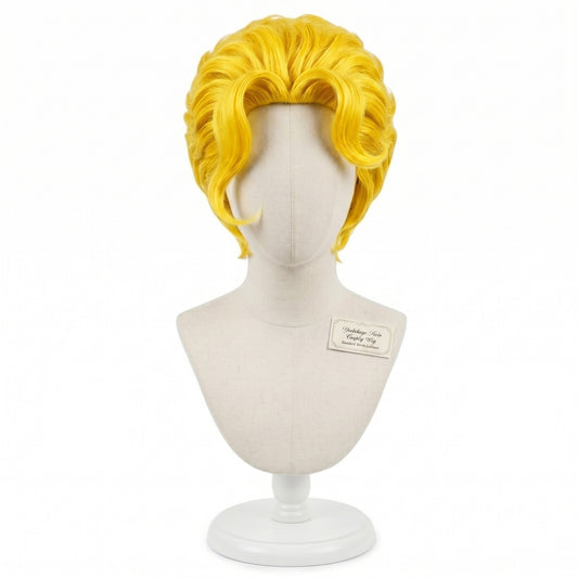 Front view of Yoshikage Kira cosplay wig showing layered medium blonde hair