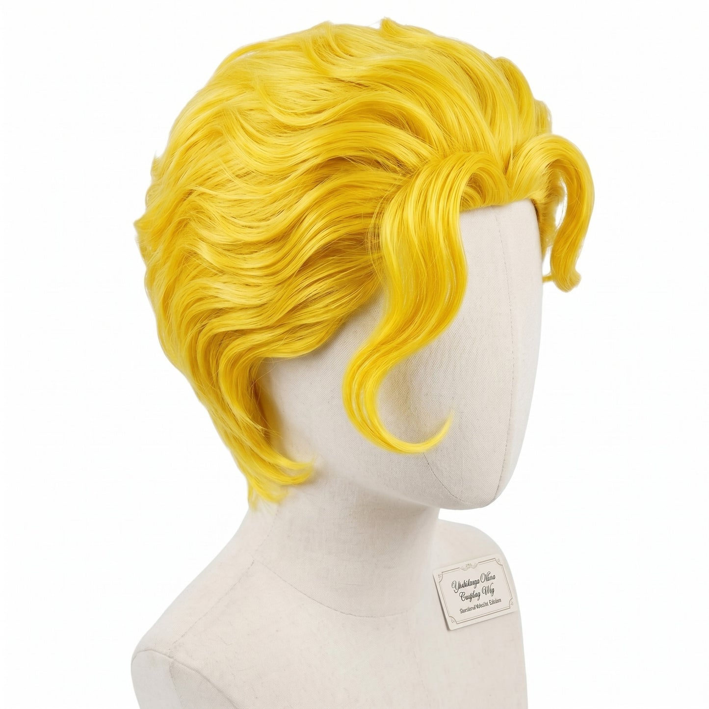 Close-up Yoshikage Kira blonde wig on a mannequin head against a white background showing smooth, premium texture