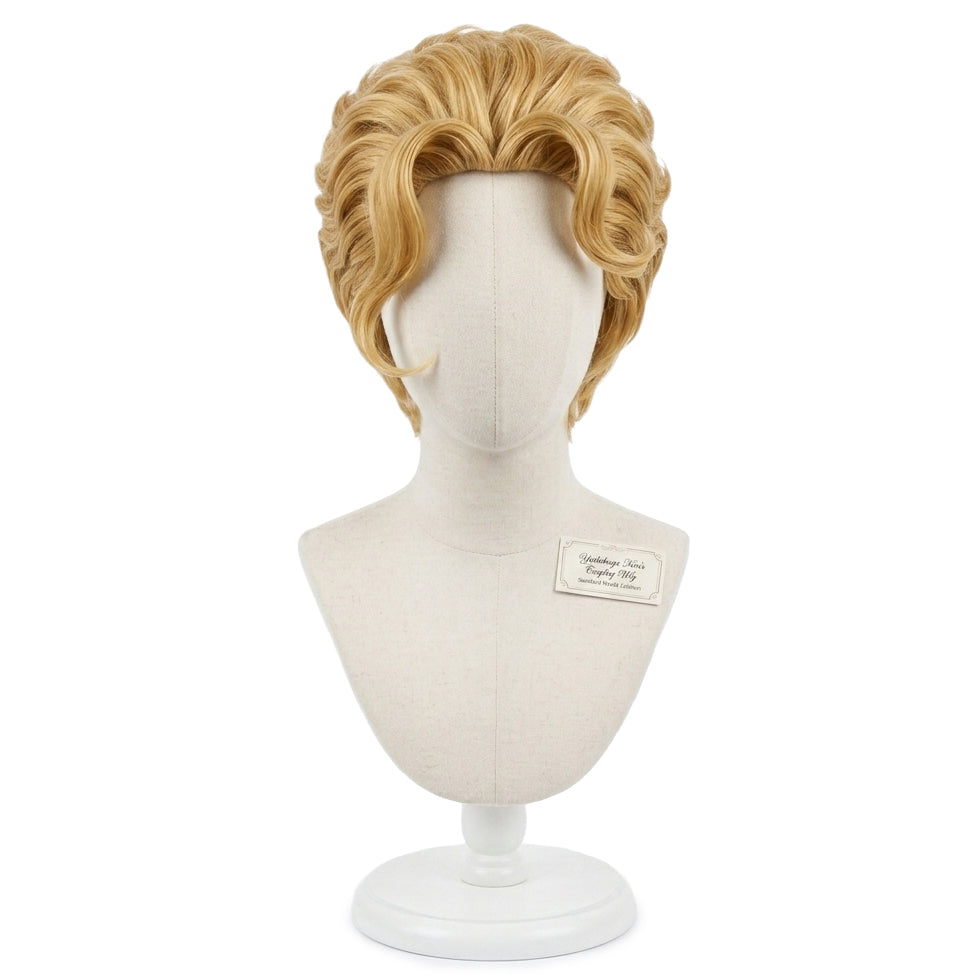 Front view of Yoshikage Kira cosplay wig showing layered medium blonde hair