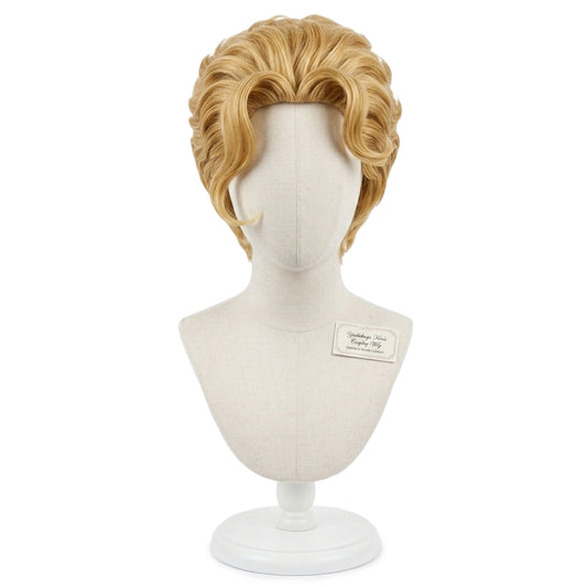 Front view of Yoshikage Kira cosplay wig showing layered medium blonde hair